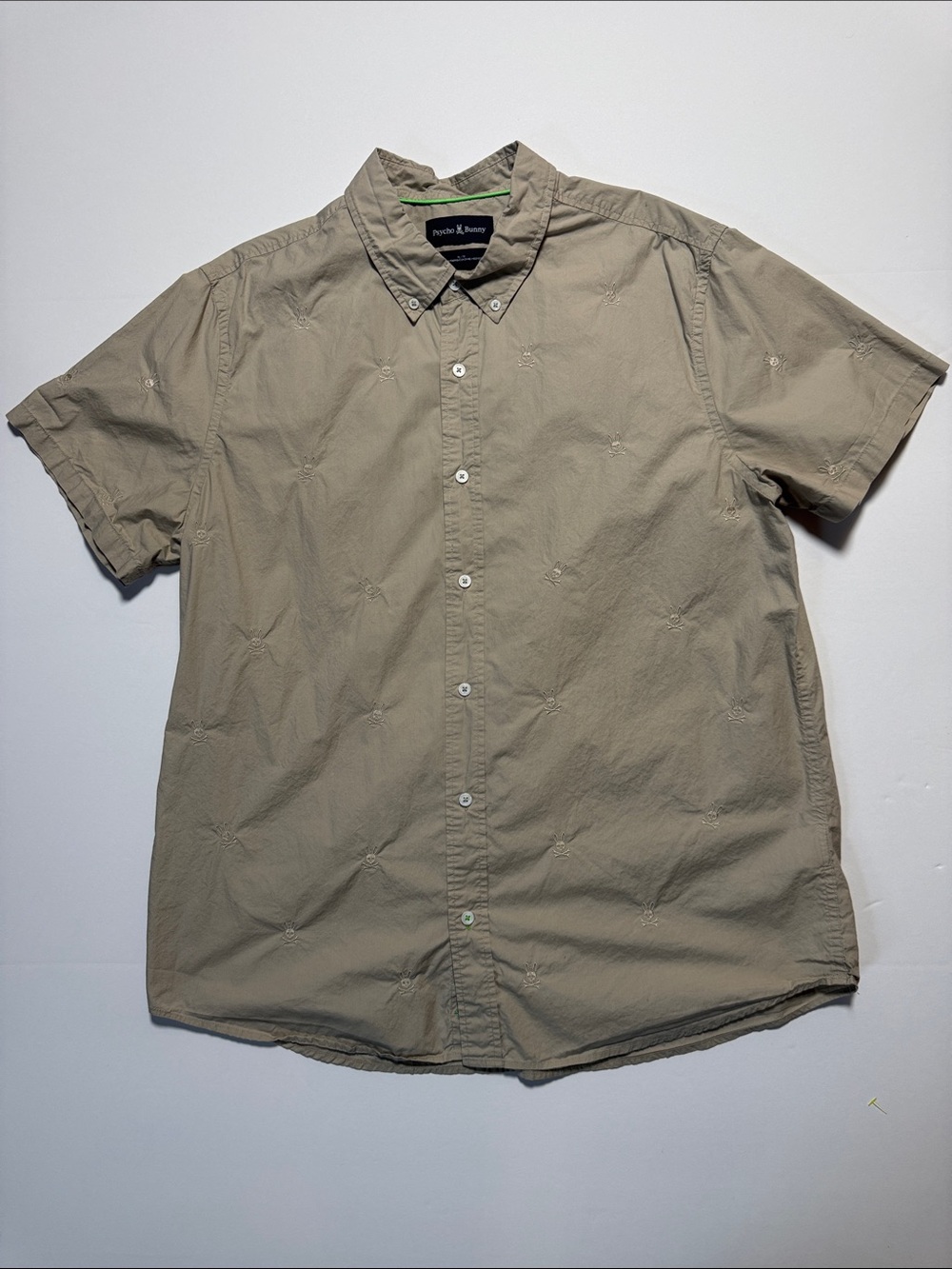 PSYCHO BUNNY Neutral Beige Embroidered Logo Short Sleeve Button-Down Shirt XL TG